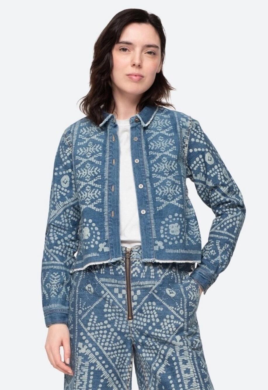 SEA NY Bleached Print Denim Jacket Size 4 100% Cotton Indigo Cropped